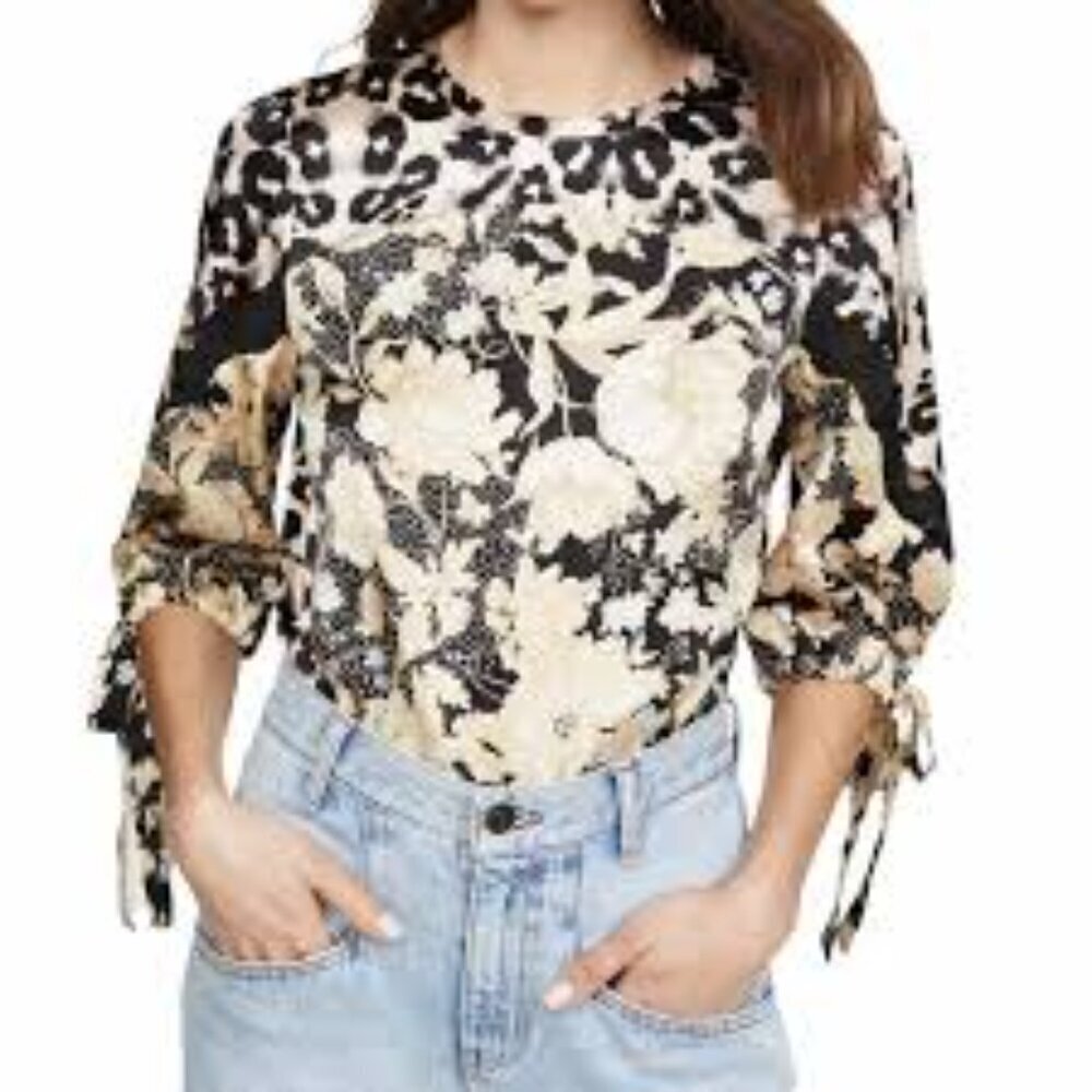 Rebecca Taylor Size 2 Floral Contrast Silk Tie Blouse Animal Print Women's
